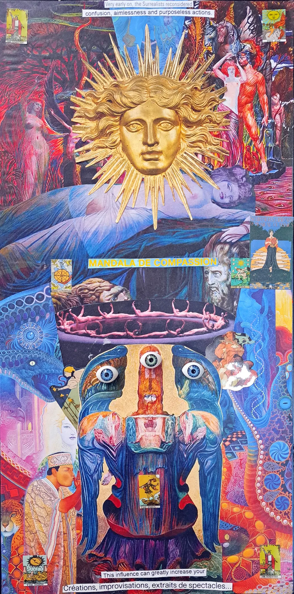 A dense collage cover: a golden sun face above a many-eyed figure